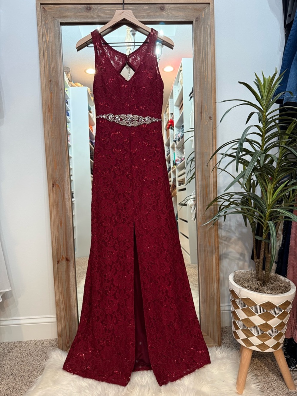 My Michelle Burgundy Lace Evening Gown with Beaded Waist